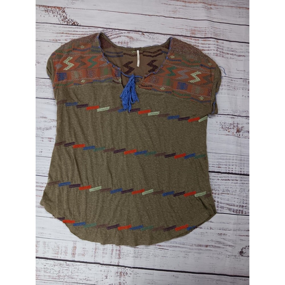 Free People Olive Green Embroidered Tassel Tie Blouse